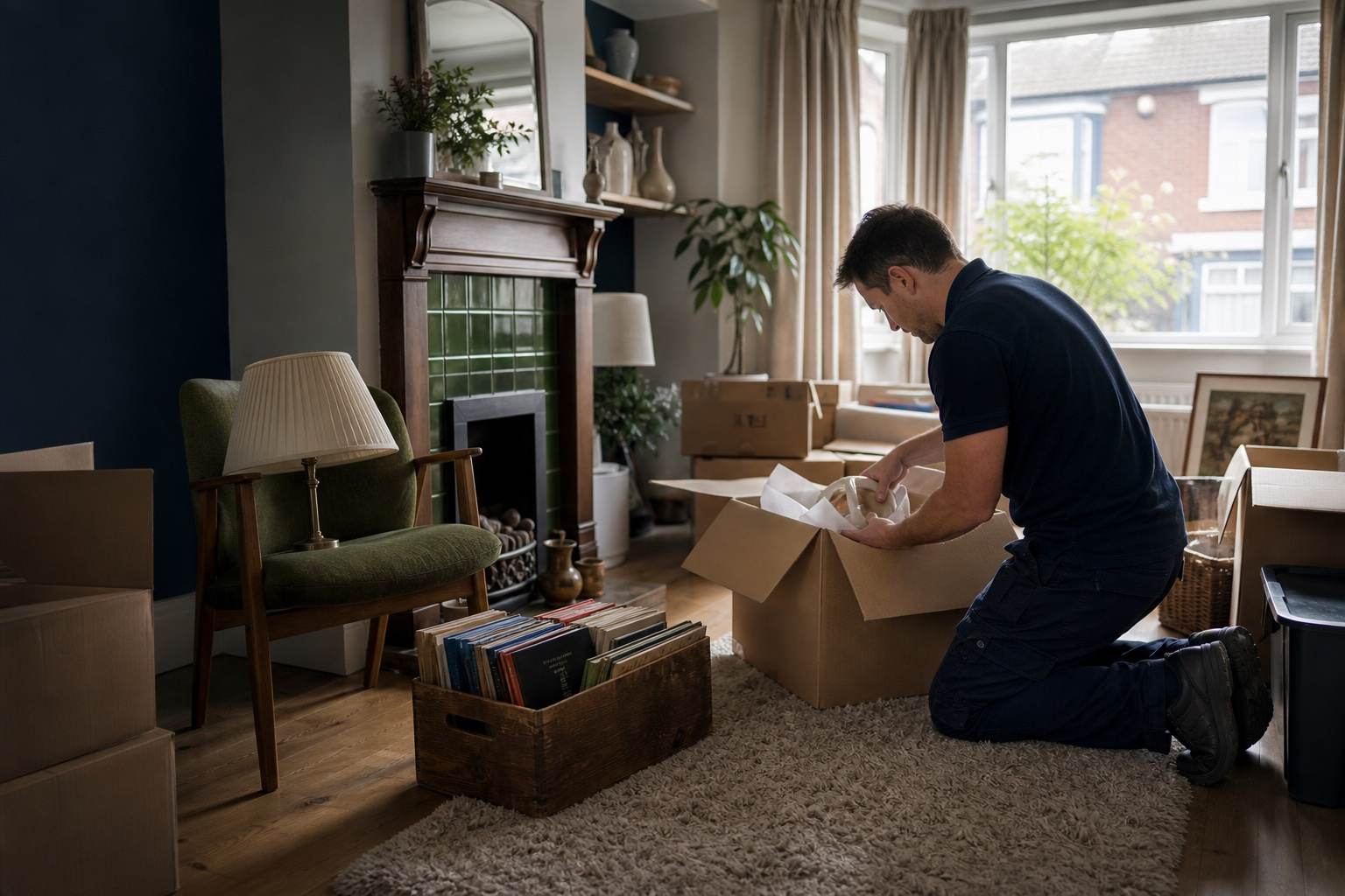 A house-clearance worker carefully packing household items while books and furniture are set aside for reuse